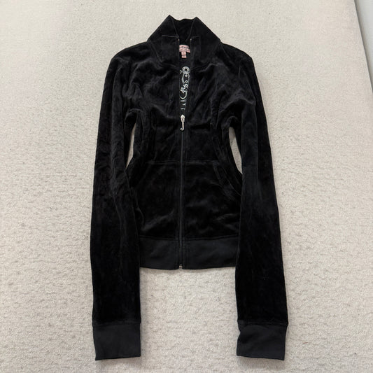 Juicy Couture Women's Black Velour Zip-Up Track Jacket Rhinestone Crown Size S