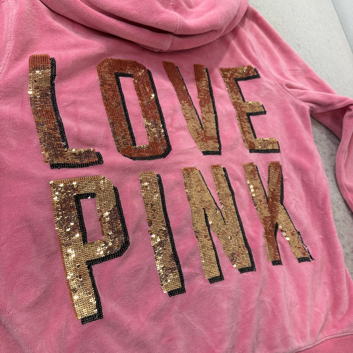 Juicy Couture Women's Pink Velour Zip-Up Hoodie Loungewear Sequin Logo Size M
