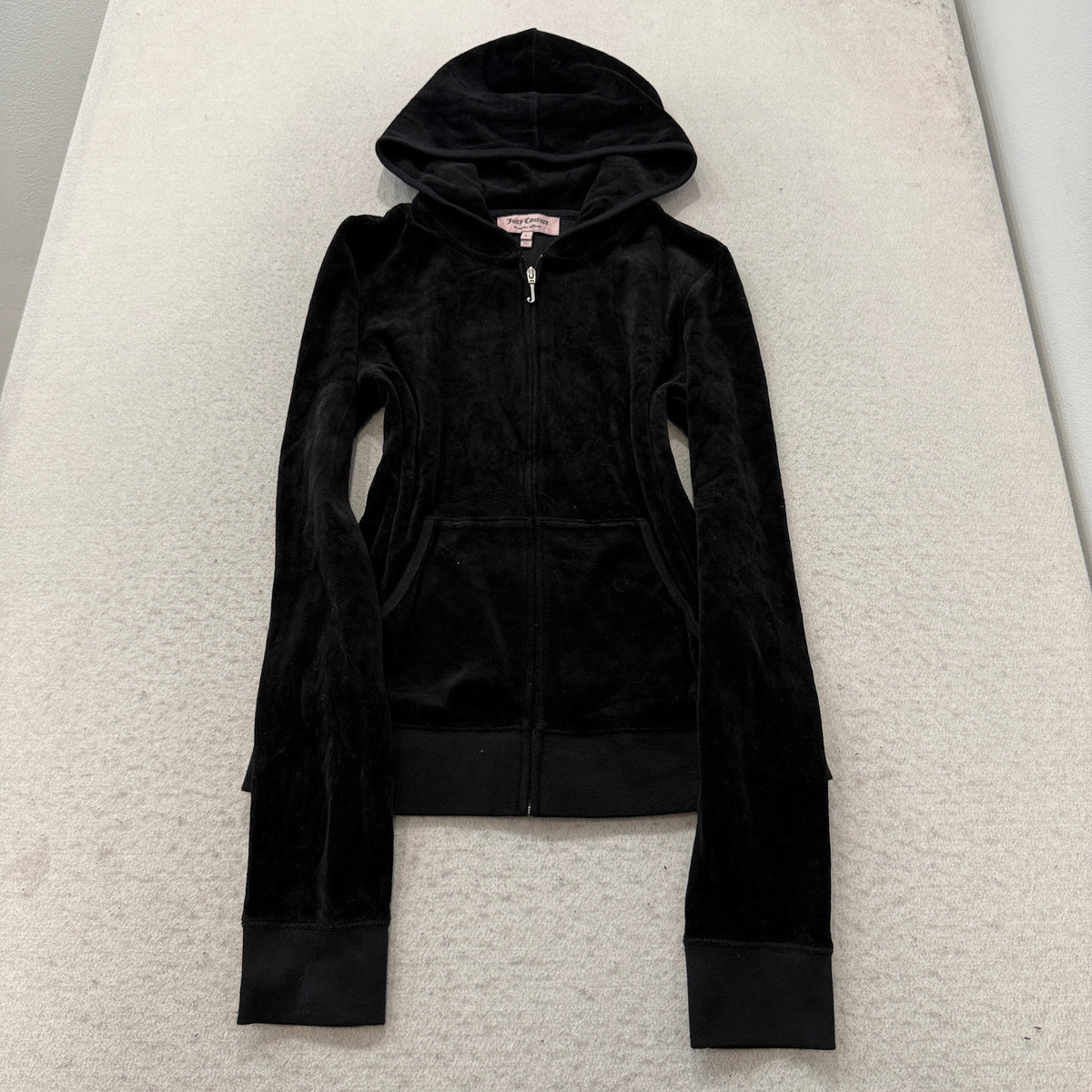 Juicy Couture Women's Black Velour Zip-Up Hoodie Sequin Dog Logo Pockets Size L