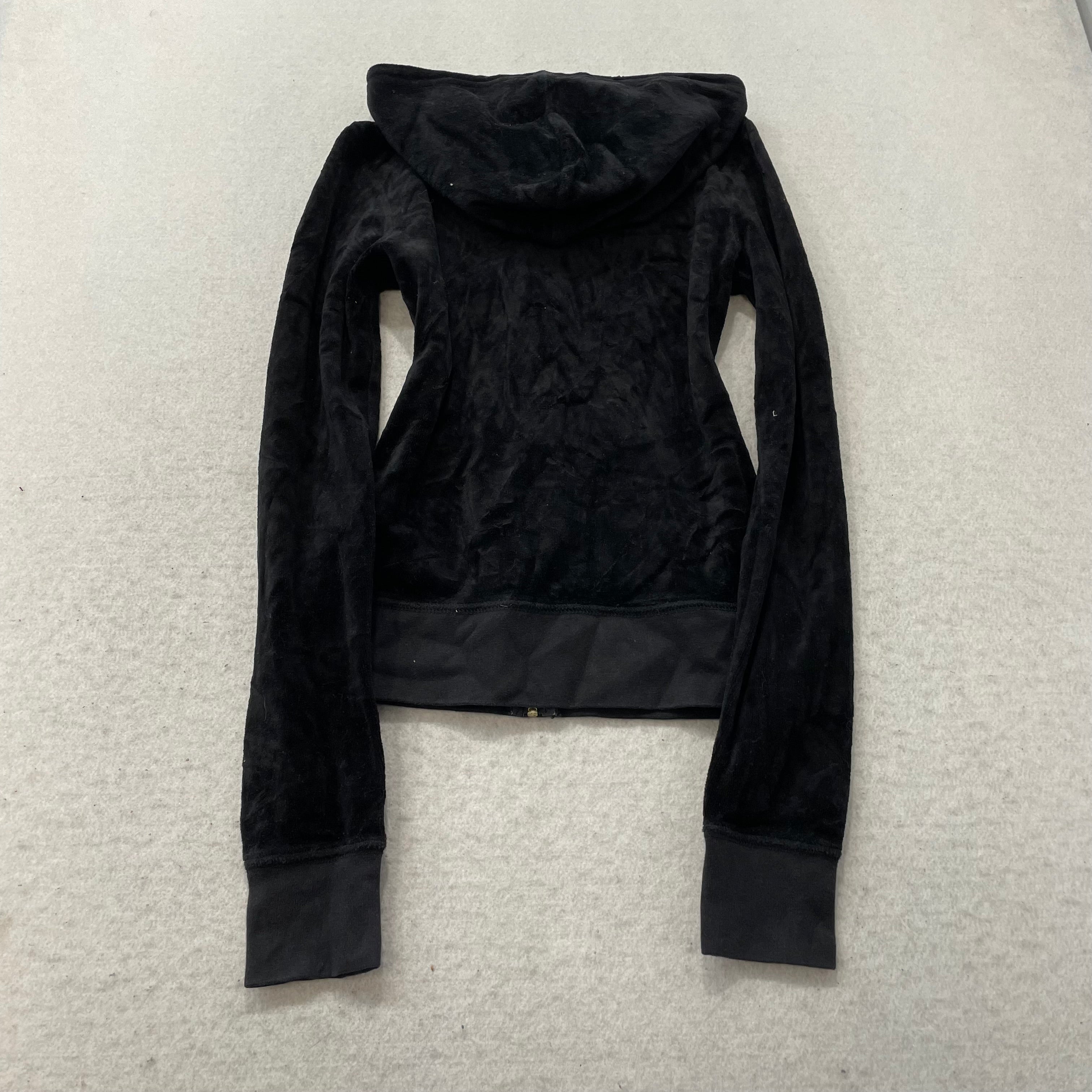 Juicy Couture Womens Black Velour Zip-Up Hoodie Pockets Embroidered Logo Size XS