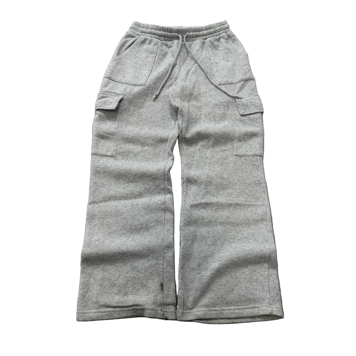 No Comment Men's Grey Fleece Cargo Sweatpants Drawstring Pockets Wide Leg Size L