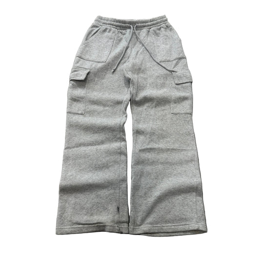 No Comment Men's Grey Fleece Cargo Sweatpants Drawstring Pockets Wide Leg Size L