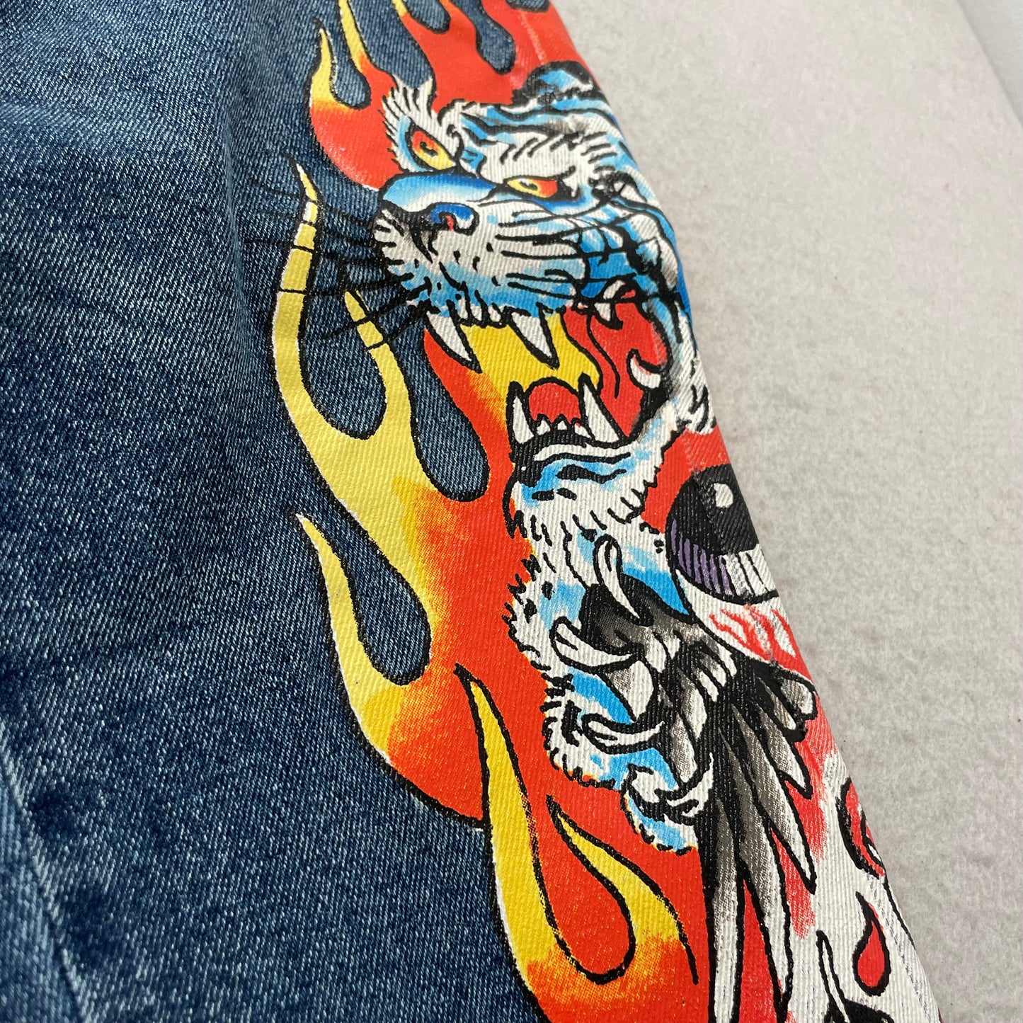 Ed Hardy Women's Blue Tiger Flame Graphic Flare Denim Jeans Y2K Tattoo Print