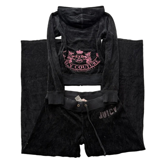 Vintage Juicy Couture Scottie Dogs Women's Black Velour Tracksuit Set Y2K Size S
