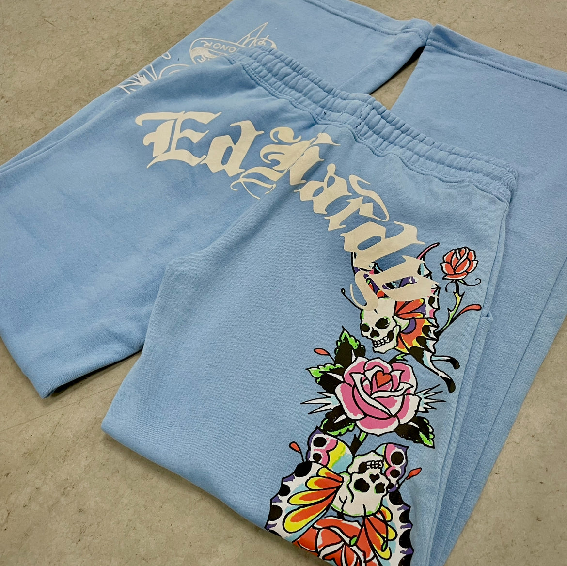 ED HARDY “Flower Skull” BABY BLUE FLARED PANTS