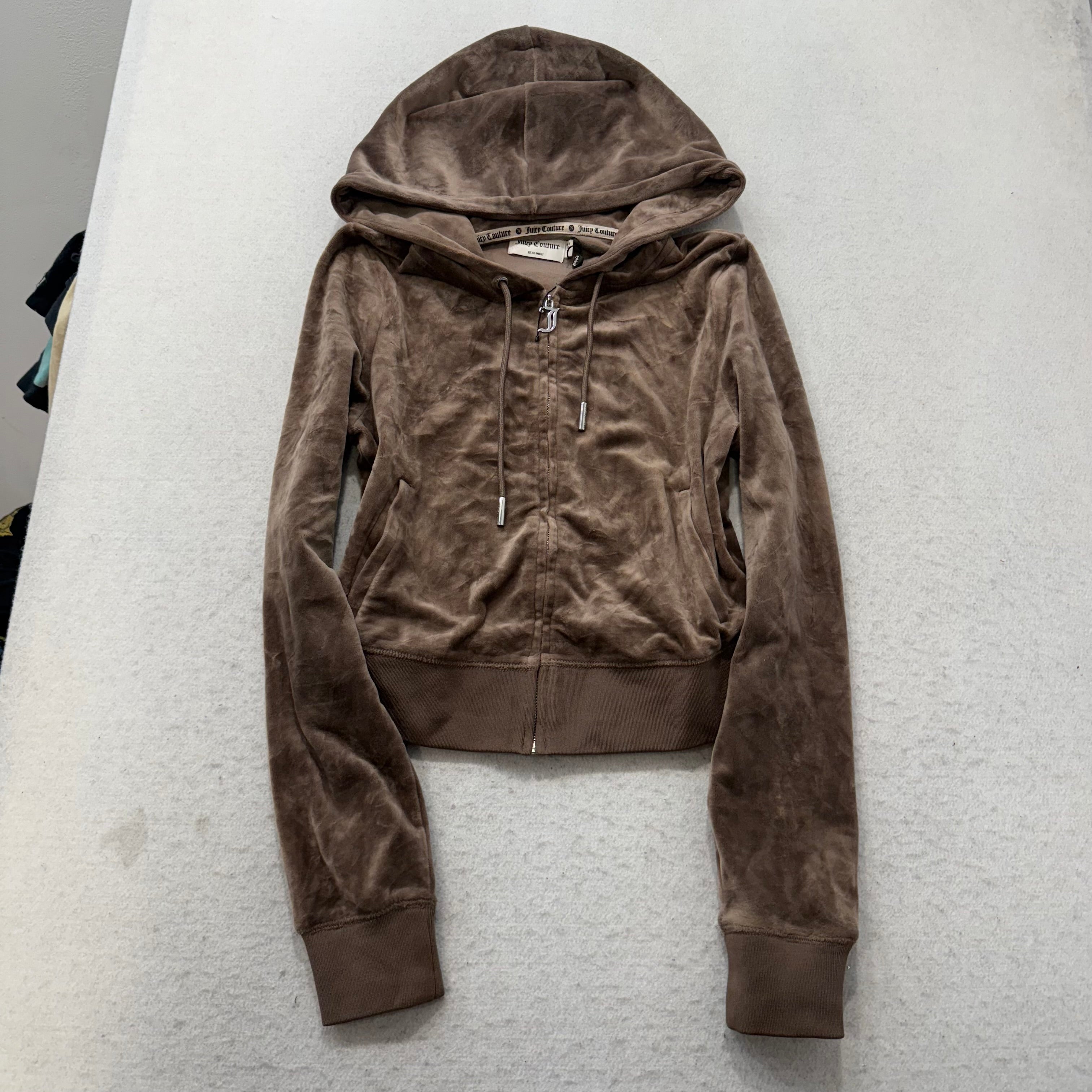 Juicy Couture Women's Brown Velour Zip-Up Cropped Hoodie Rhinestones Logo Size S