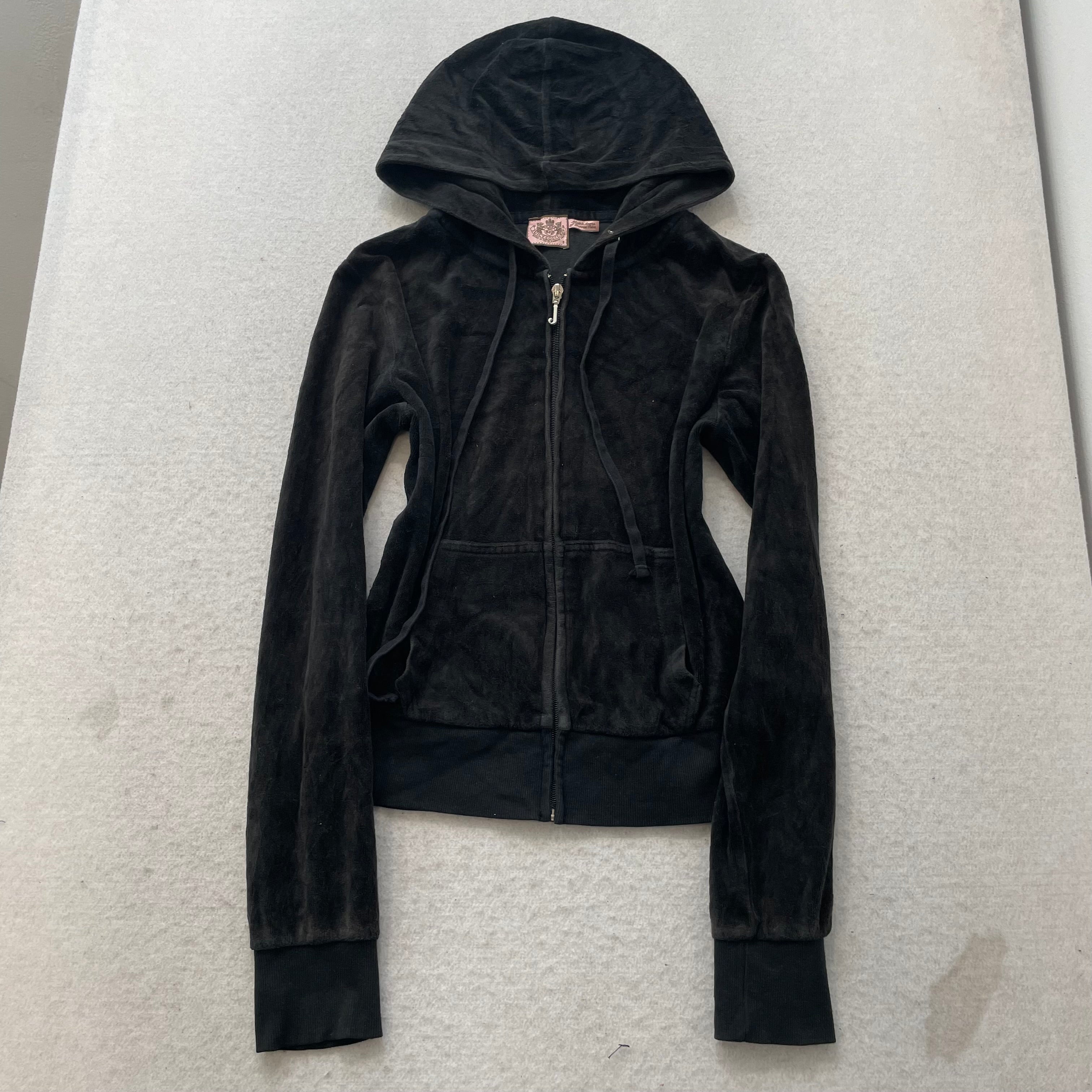 Vintage Juicy Couture Womens Black Velour Zip-Up Hoodie Drawstring Pocket Size S