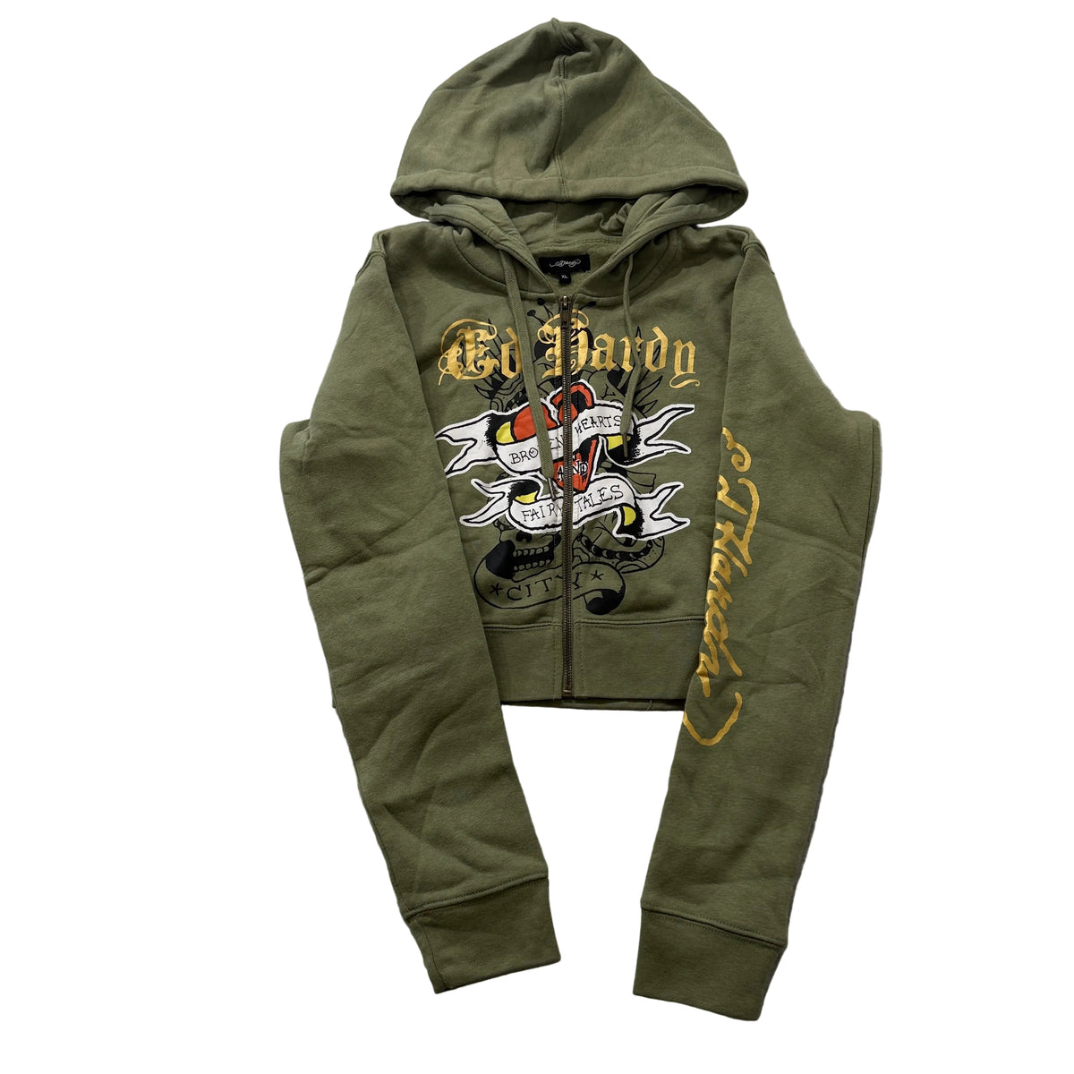 Ed Hardy Broken Hearts Cropped Zip Up Hoodie Olive Size S photo 1