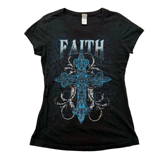 Vintage Womens Black "Faith" Cross Graphic T-Shirt Grunge Rhinestone Tee Size XL