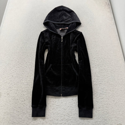 Vintage Juicy Couture Women's Black Velour Full Zip Hoodie Pockets Casual Size S