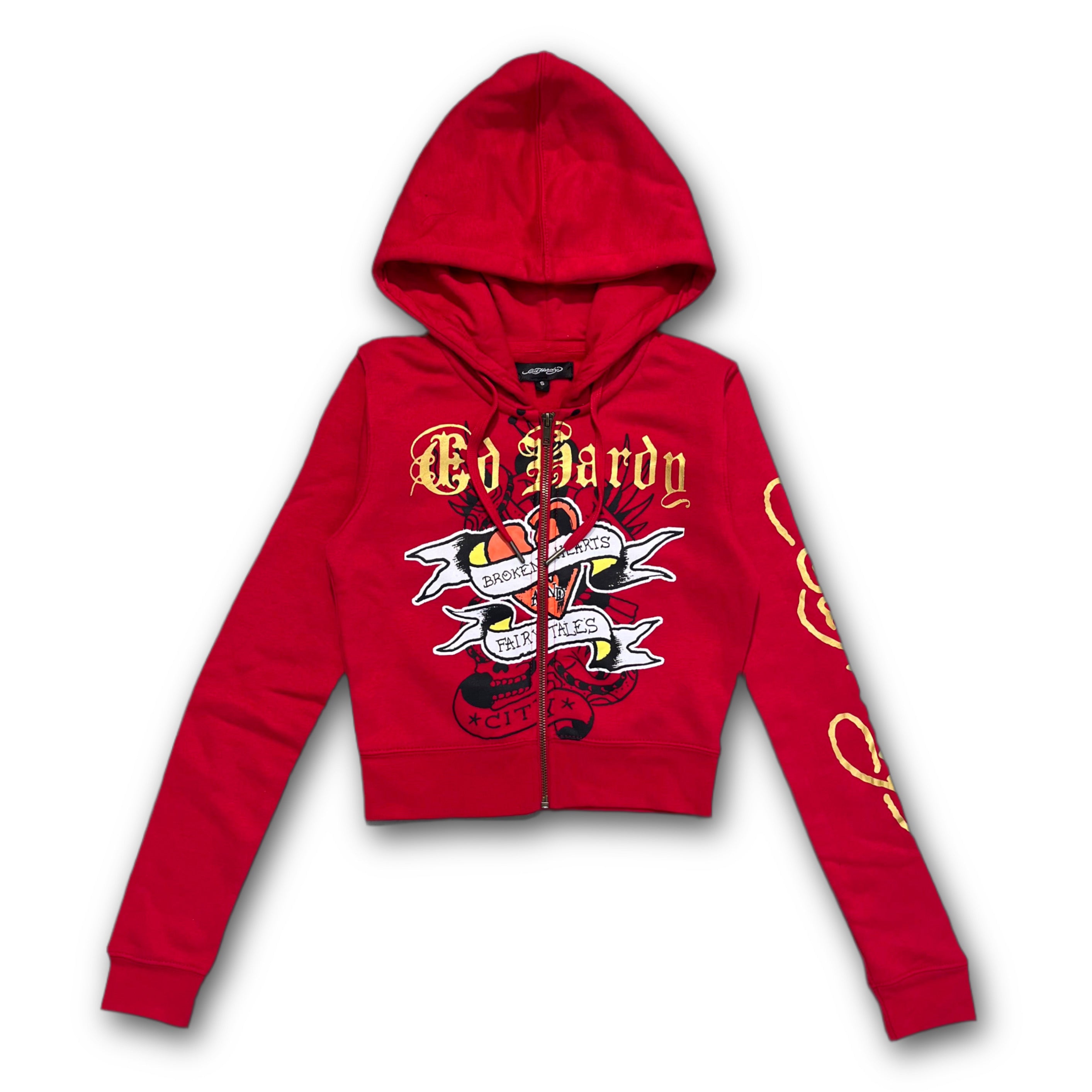 ED HARDY “Broken Hearts” RED CROPPED ZIP UP HOODIE