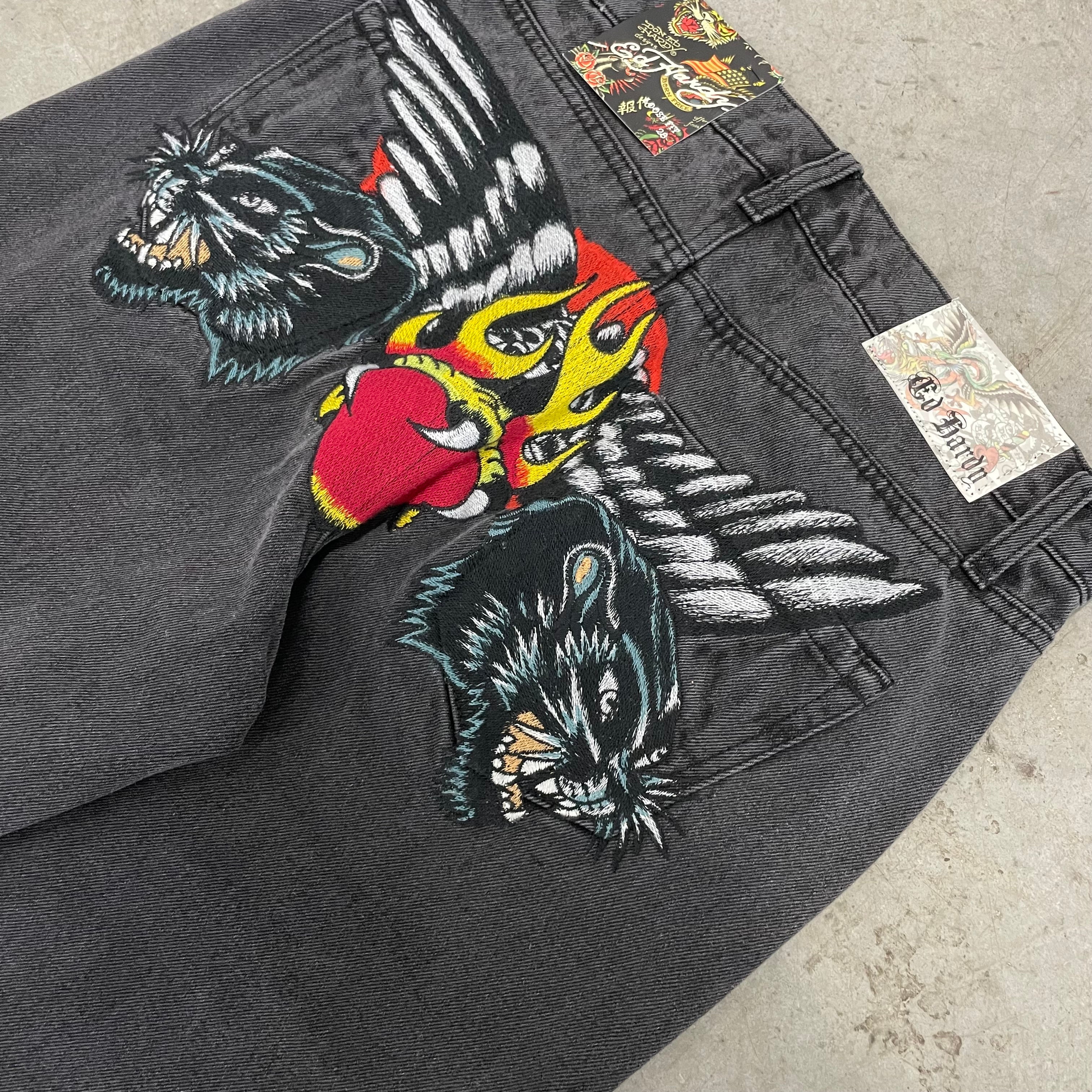 ED HARDY “Panther Wings” EMBROIDERED BLACK STRAIGHT LEG JEANS