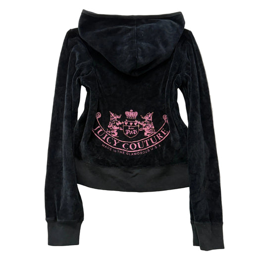 Vintage Juicy Couture Women's Black Velour Full Zip Hoodie Pockets Casual Size L