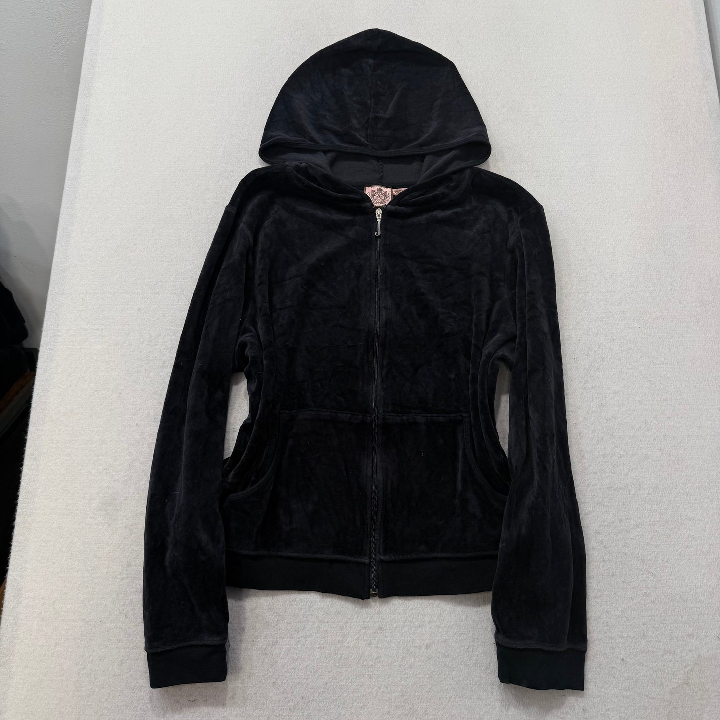 Juicy Couture Black Velour Tracksuit Set Zip Up Hoodie & Flare Pant Logo Size XL