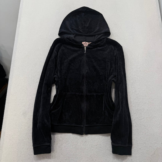 Juicy Couture Black Velour Tracksuit Set Zip Up Hoodie & Flare Pant Logo Size XL