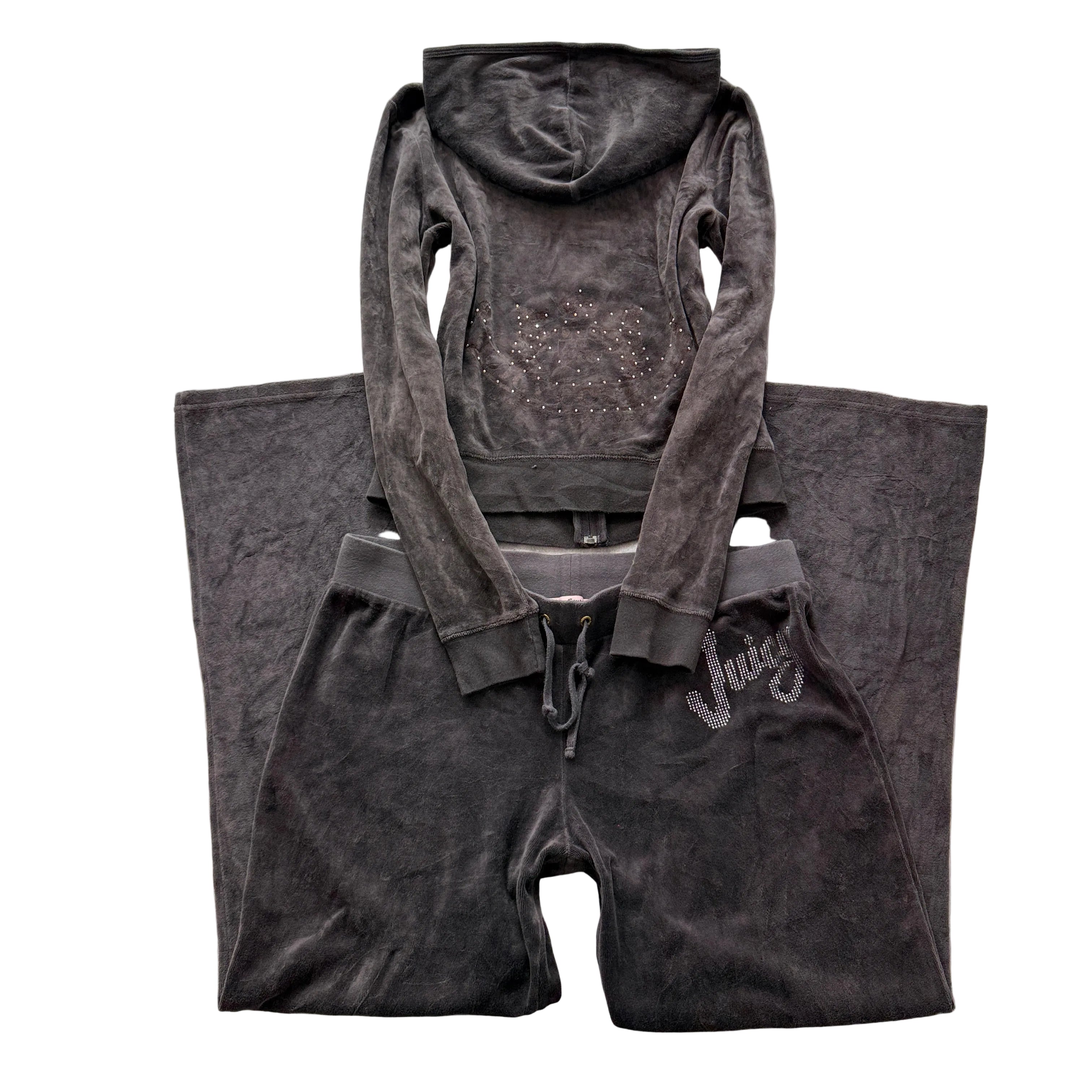 Vtg Juicy Couture Women's Charcoal Gray Velour Tracksuit Set Hoodie & Pant - S/L