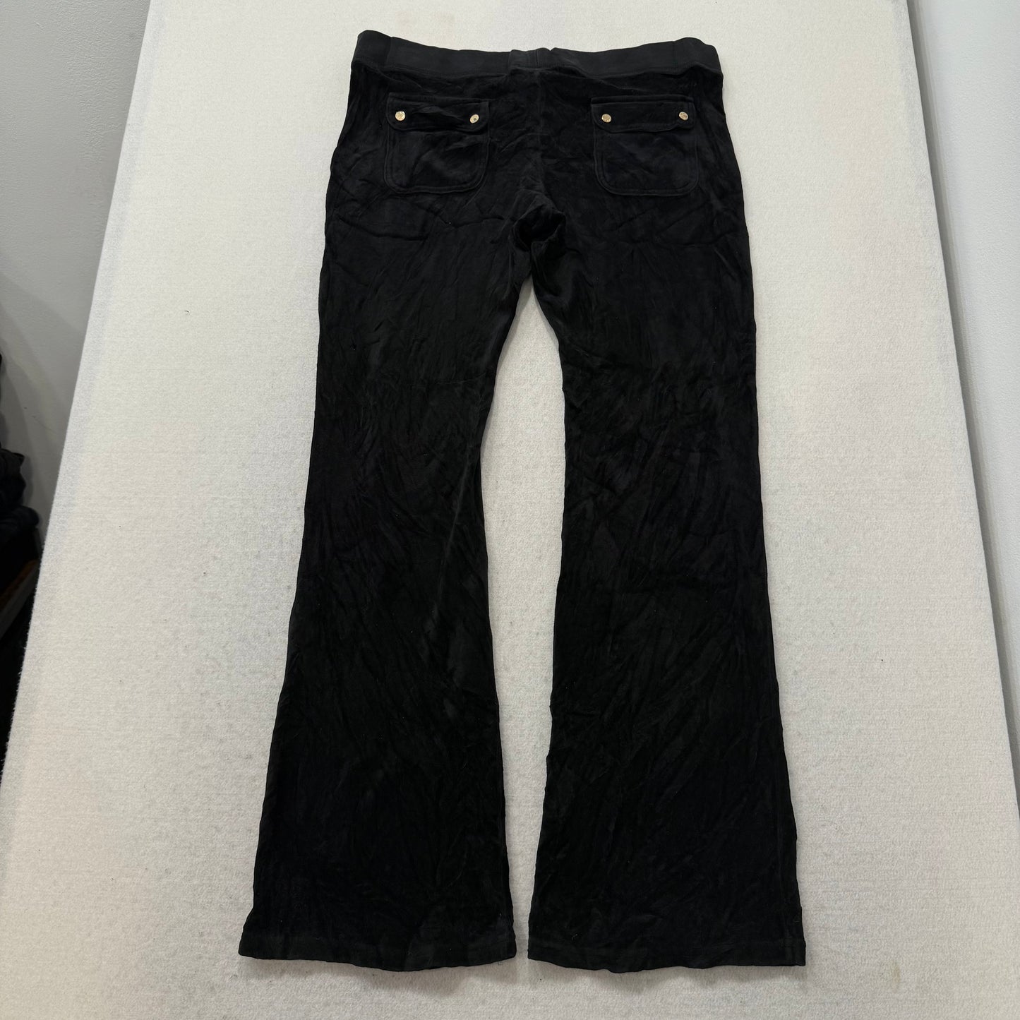 Vintage Juicy Couture Women's Black Velour Flared Track Pants Snap Pocket Size L