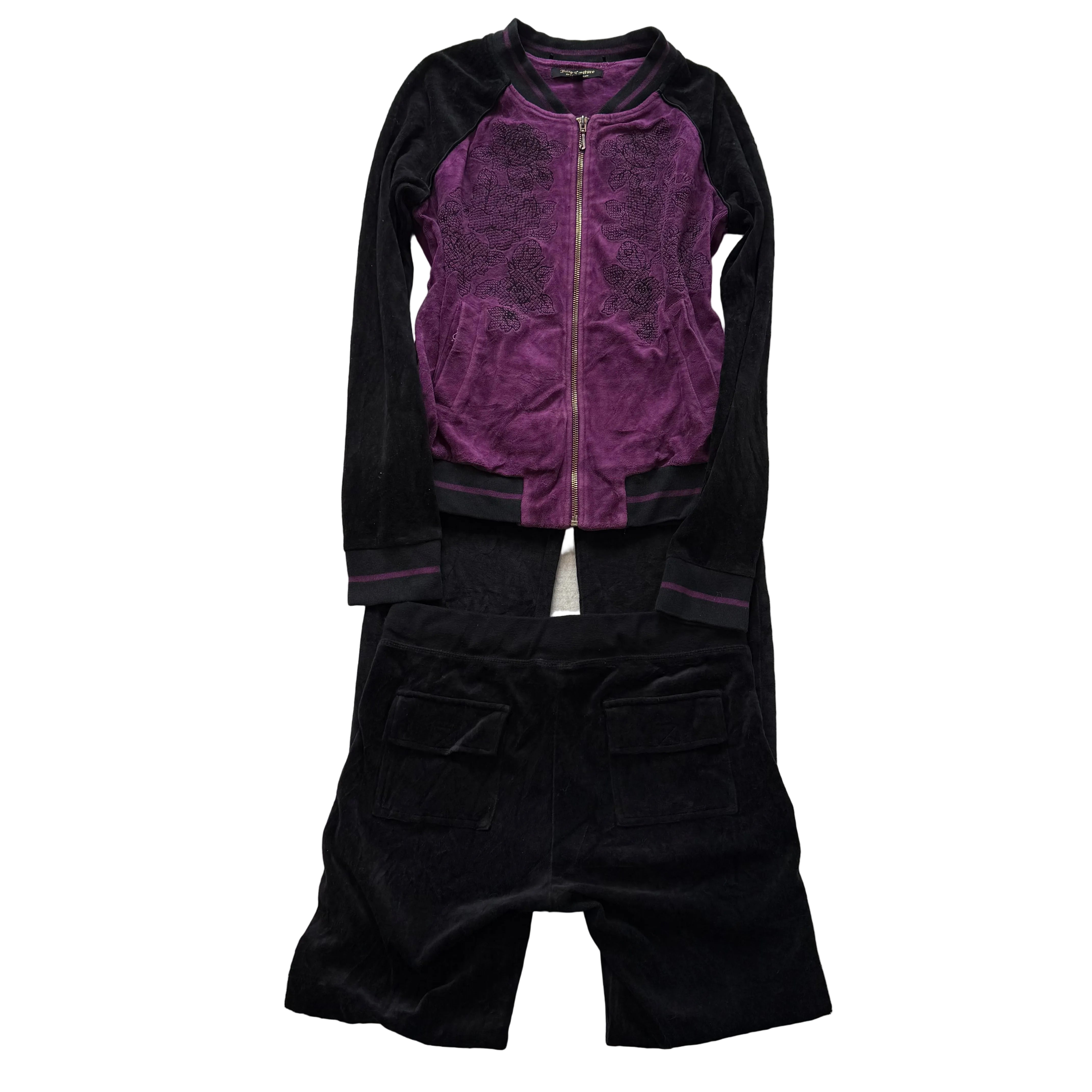 Juicy Couture Plum Black Velour Tracksuit Set Zip Up Hoodie & Flared Pant Size S