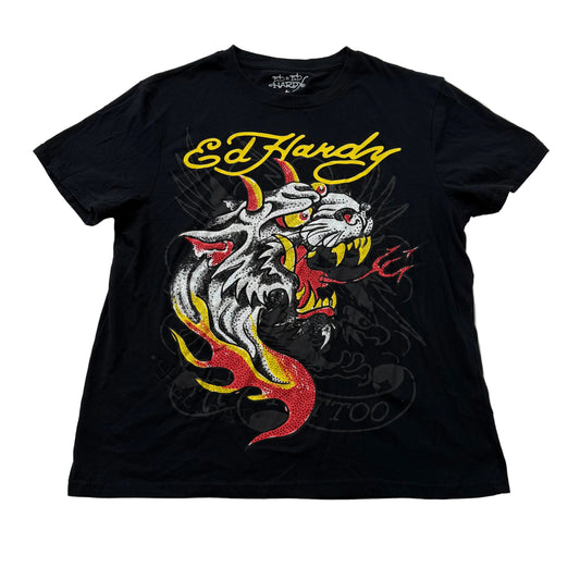 Ed Hardy Men's Black Cotton T-Shirt Panther with Flames Graphic Tee Size L