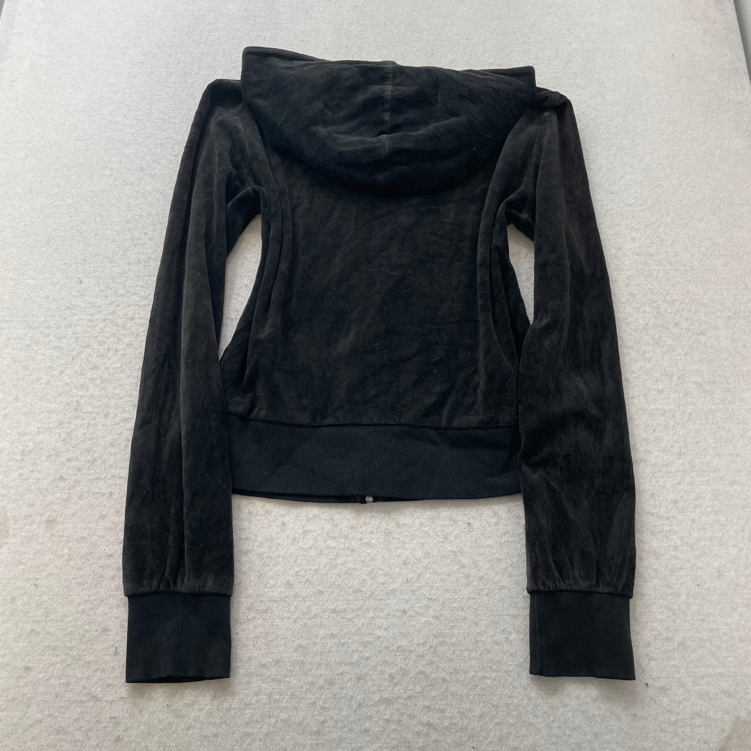Vintage Juicy Couture Womens Black Velour Zip-Up Hoodie Drawstring Pocket Size S