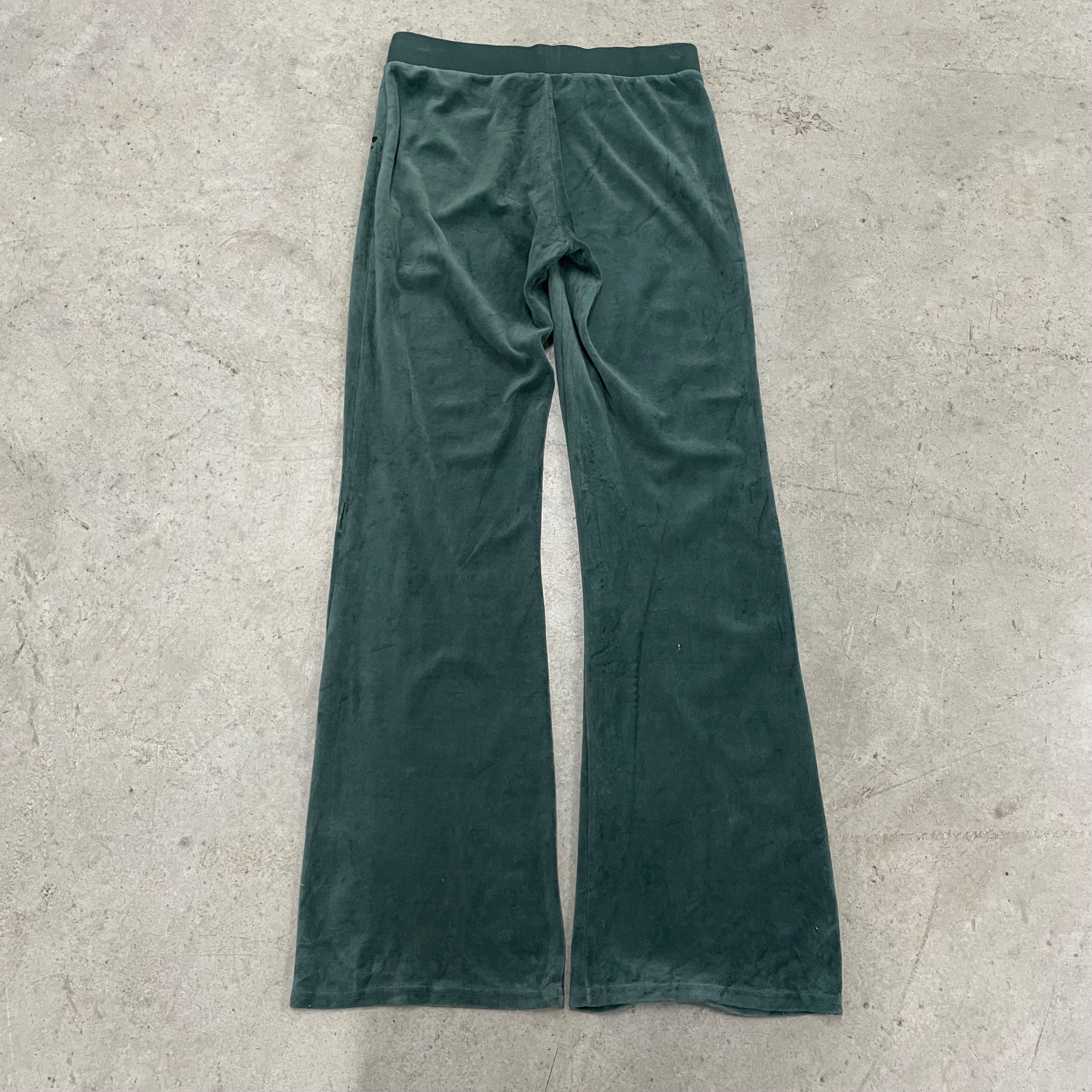Vintage Juicy Couture Dark Green Velour Crest Logo Pants Size S