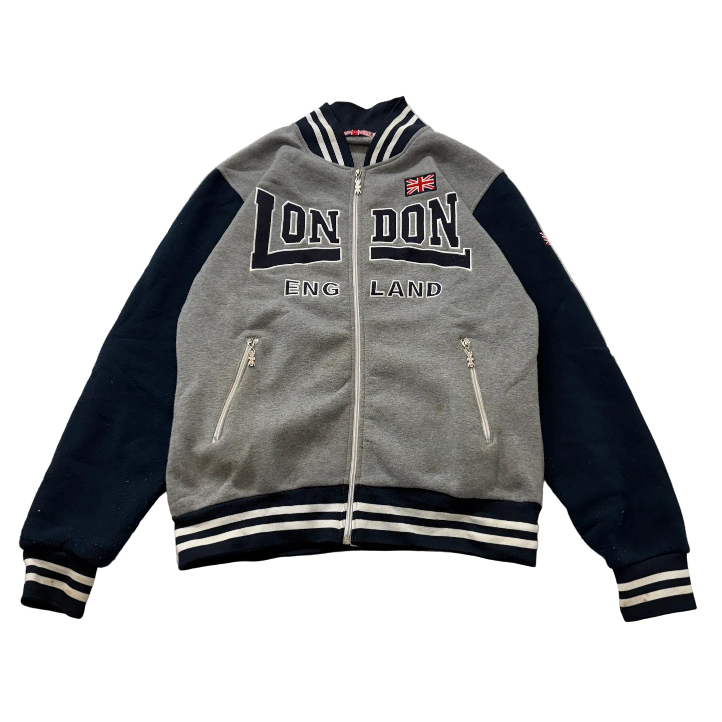 Cool London England Men's Grey Full Zip Fleece Varsity Jacket Pockets Size L