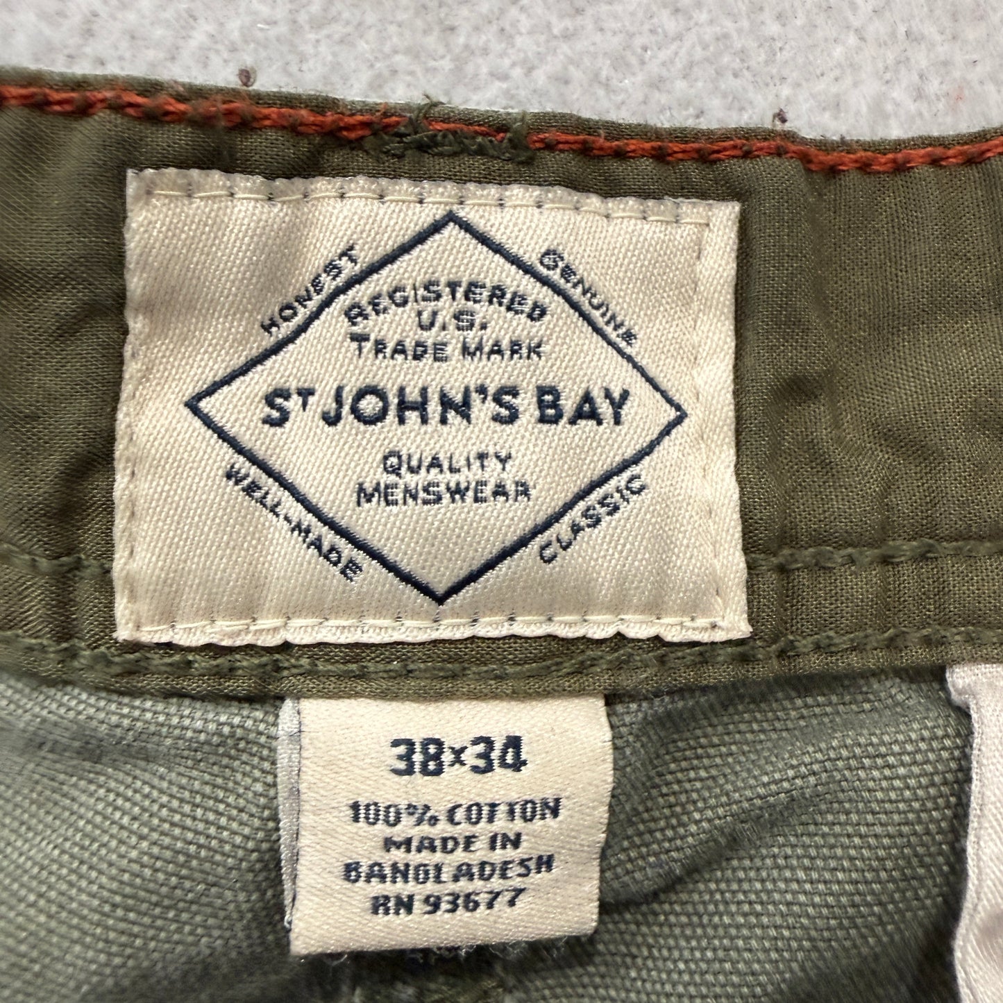 St. John's Bay Men's Olive Green Canvas Cargo Pants Pockets Classic Size 38x34
