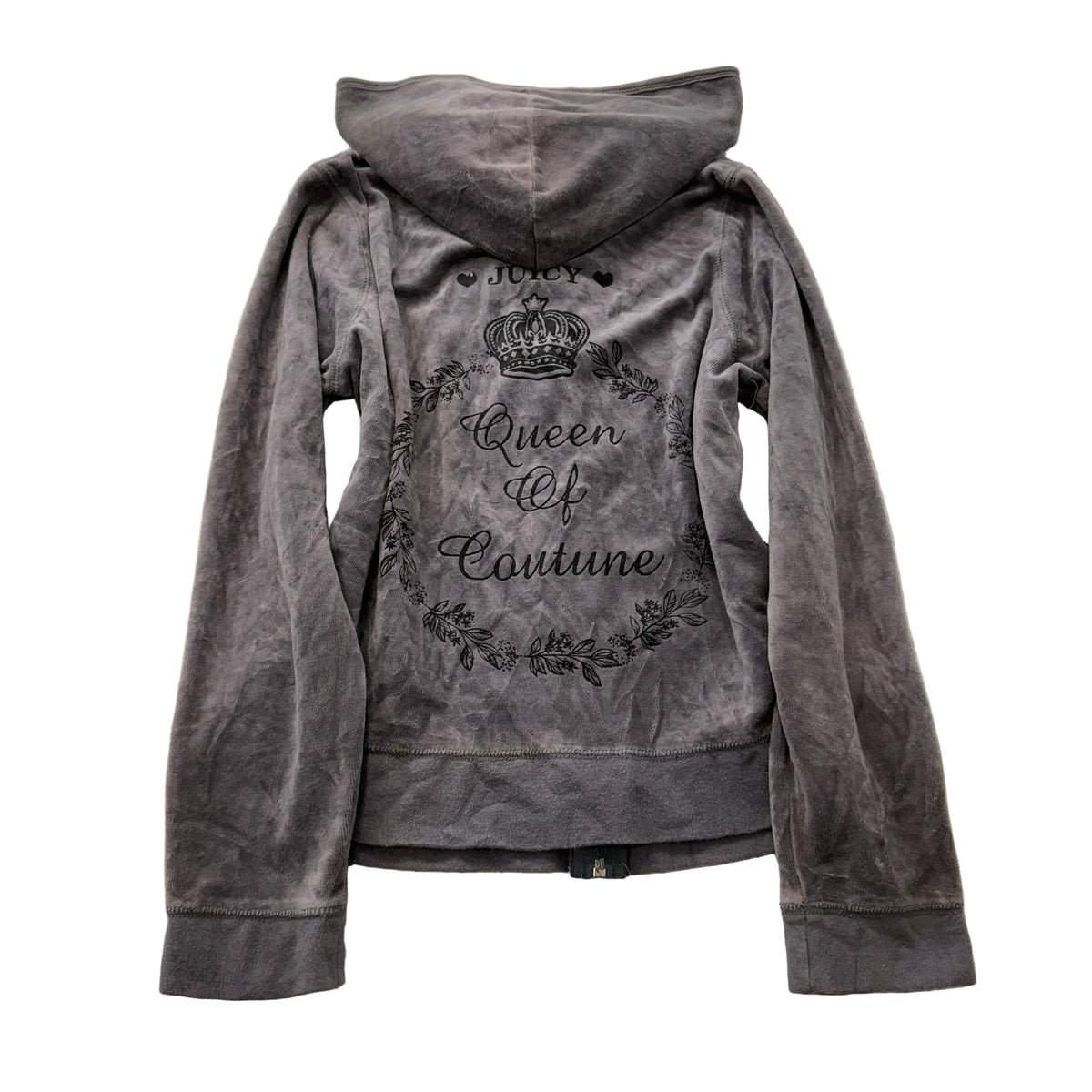 Vintage Juicy Couture Queen Of Couture Women's Grey Velour Zip-Up Hoodie Size L