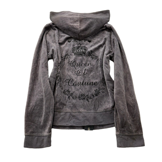 Vintage Juicy Couture Queen Of Couture Women's Grey Velour Zip-Up Hoodie Size L