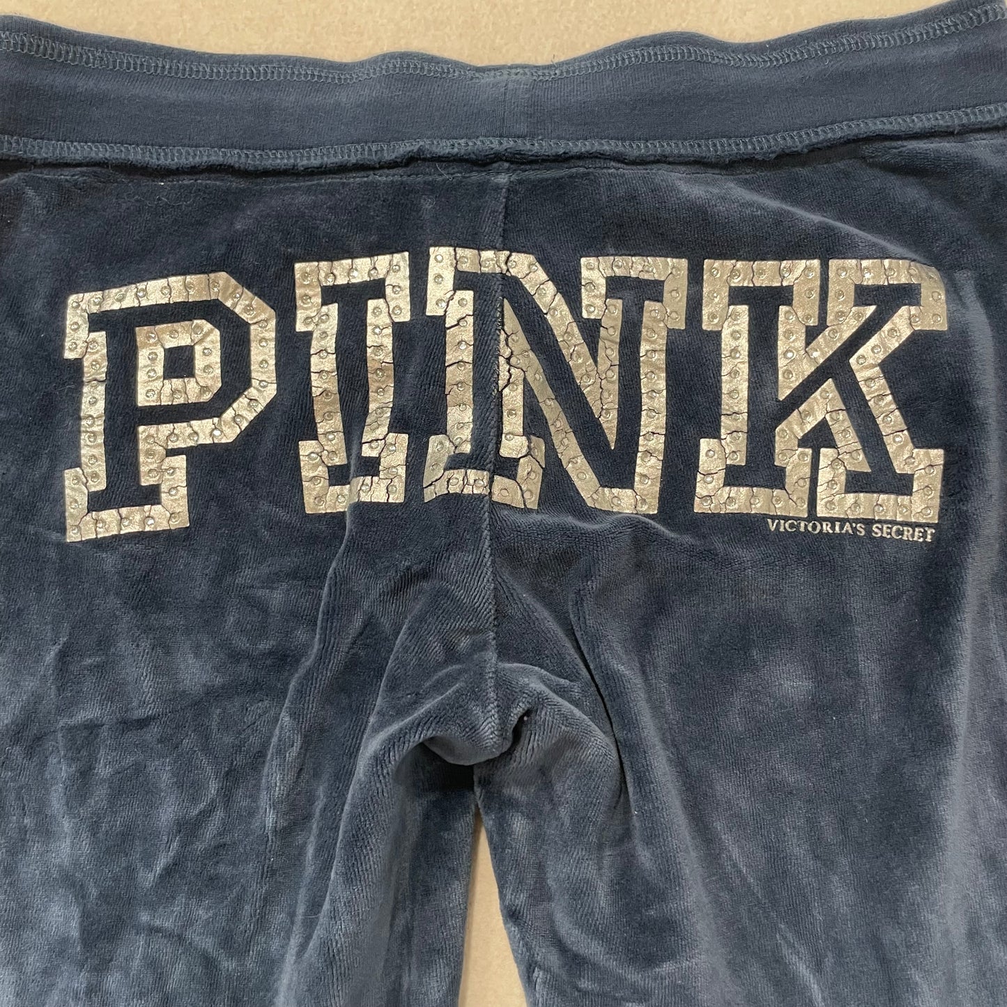 PINK Victoria's Secret Women's Navy Velour Flare Track Pant Graphic Logo Size XS