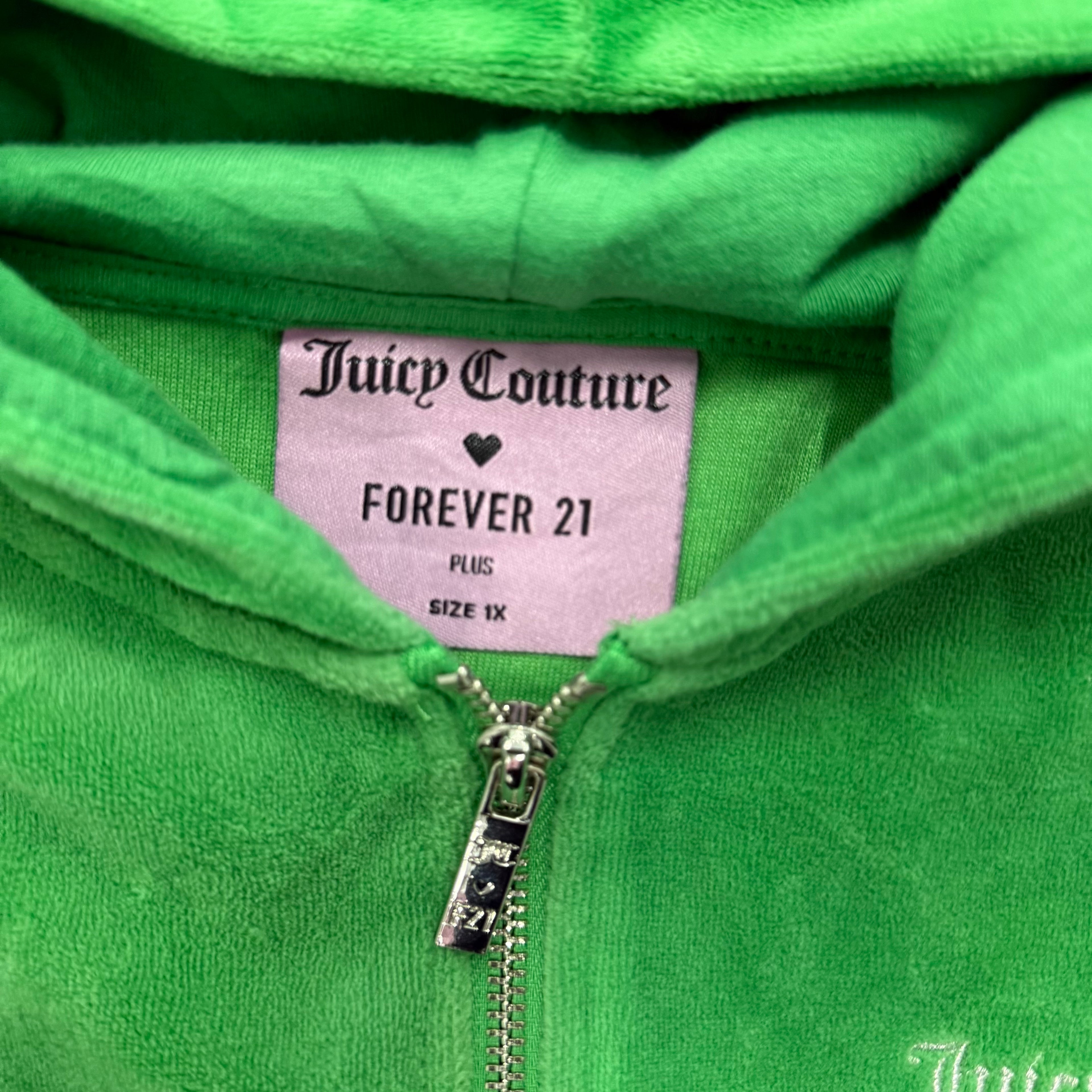 Green Velour Juicy Couture X Forever 21 Hoodie w/ Rare Rhinestone Design SIZE 1X