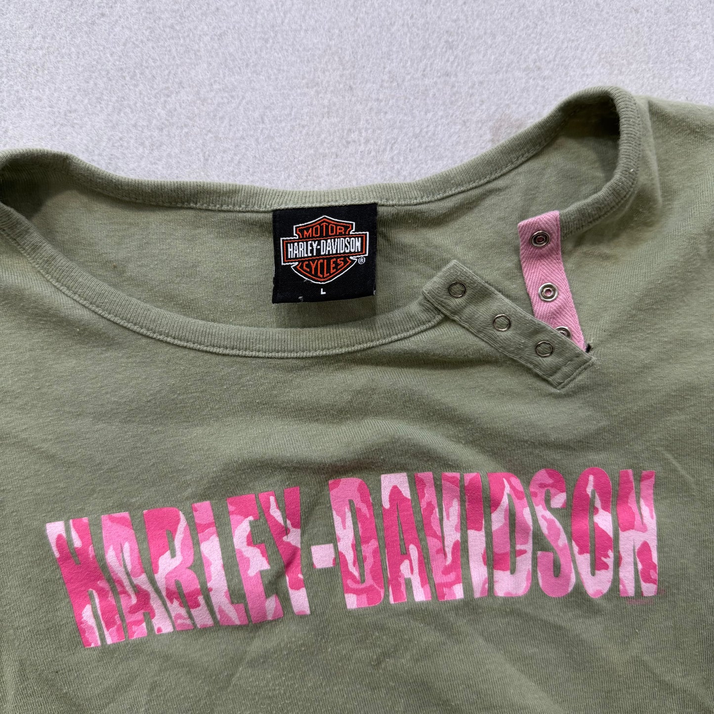 Harley Davidson Women's Green Cotton T-Shirt Logo Casual Tee Made In USA Size L