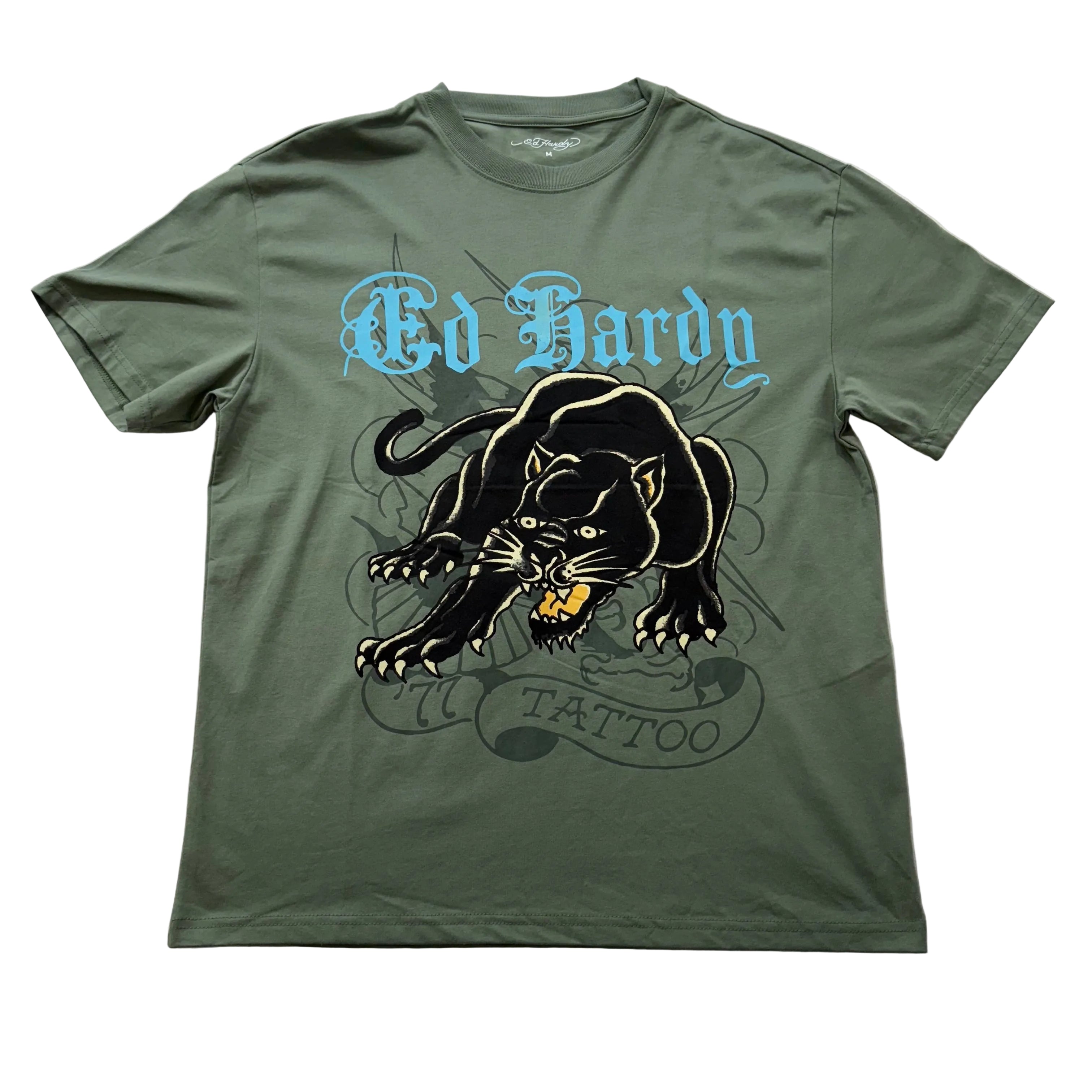 Ed Hardy Men's Olive Green Cotton T-Shirt Crouching Panther Graphic Tee Size M