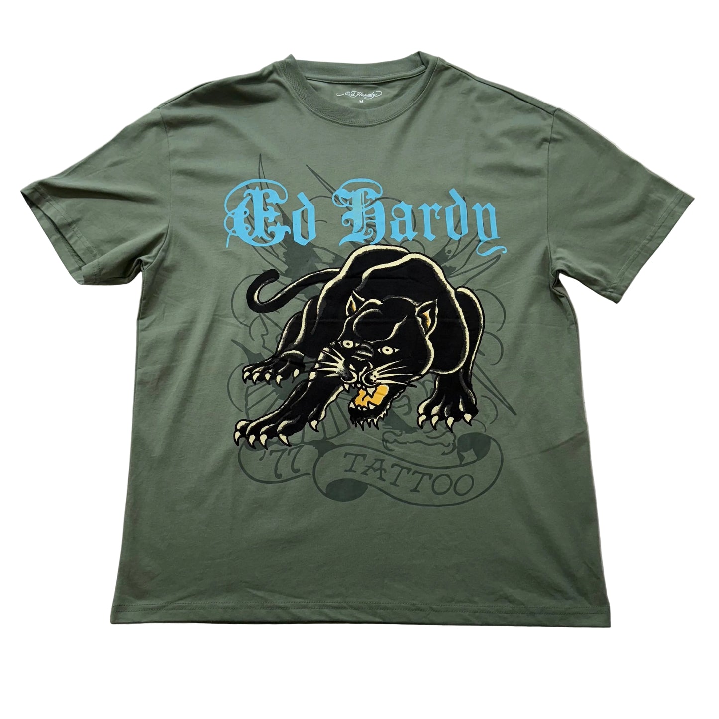 Ed Hardy Men's Olive Green Cotton T-Shirt Crouching Panther Graphic Tee Size M