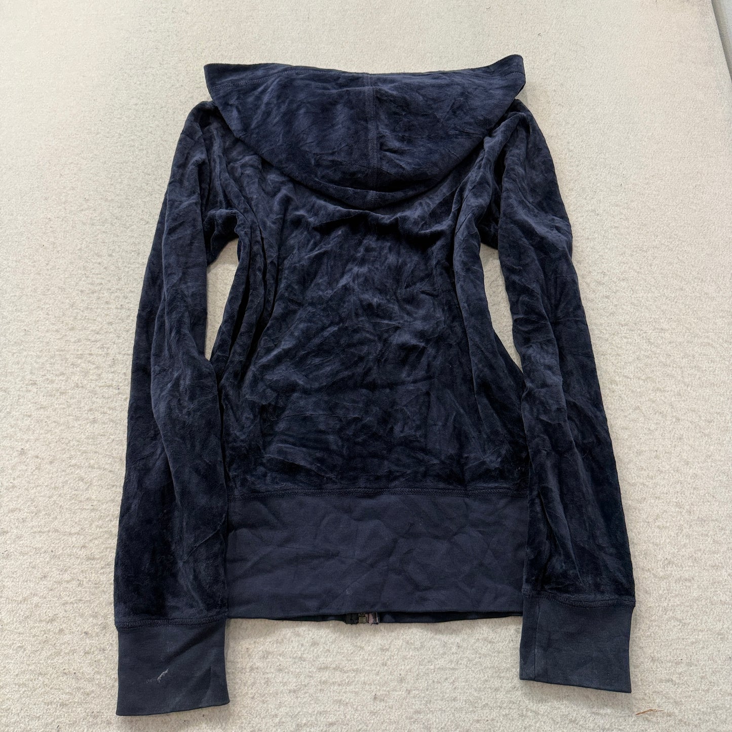 2003 Vintage Juicy Couture Women's Navy Blue Velour Zip-Up Hoodie Pockets Size L
