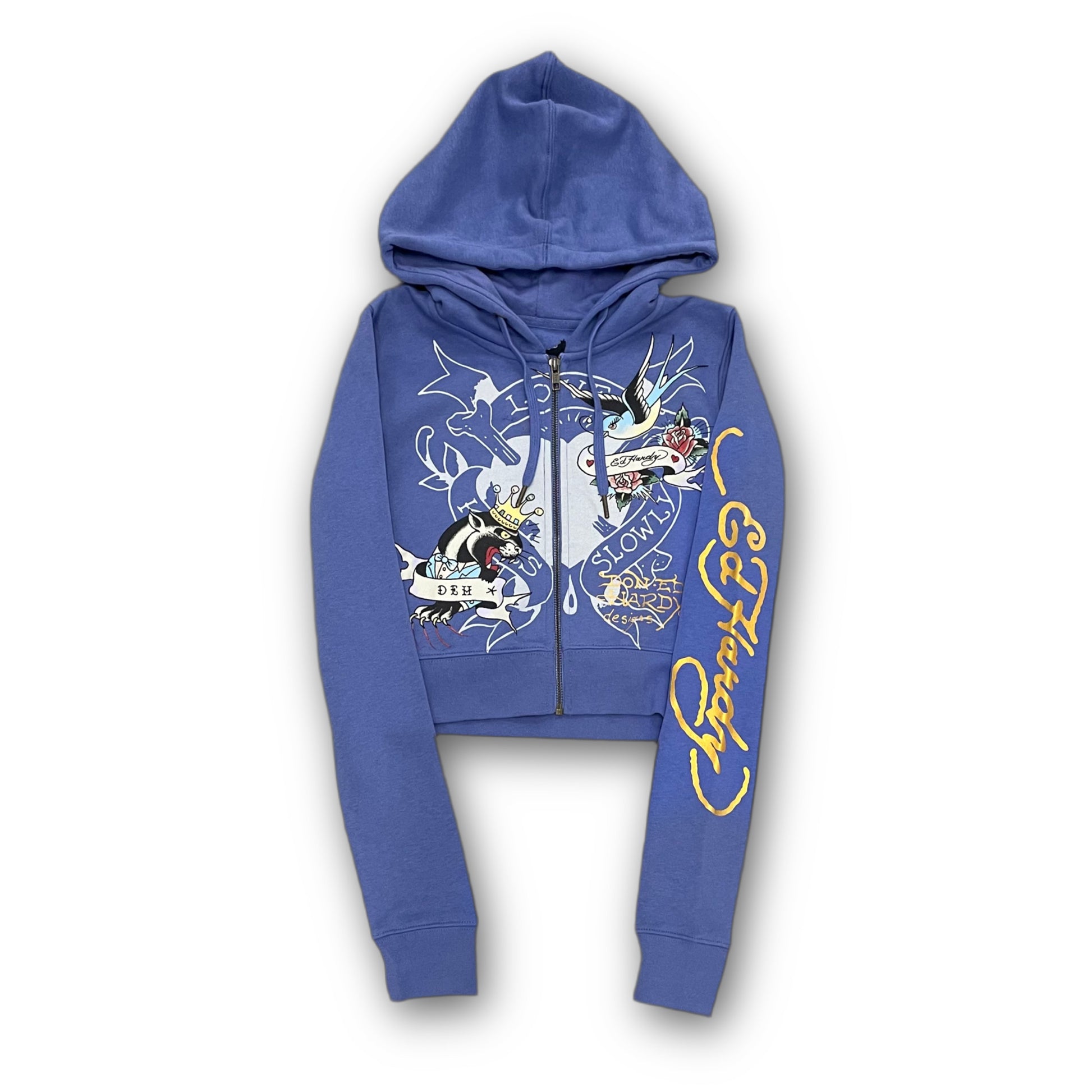ED HARDY “Free Bird” BLUE CROPPED ZIP UP HOODIE - Clean Curriculums 