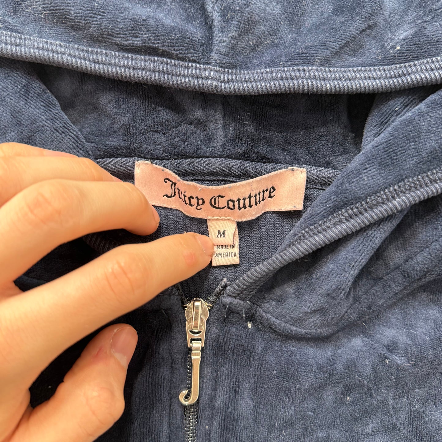 Juicy Couture Womens Midnight Navy Blue Velour Zip Up Hoodie Graphic Logo Size M