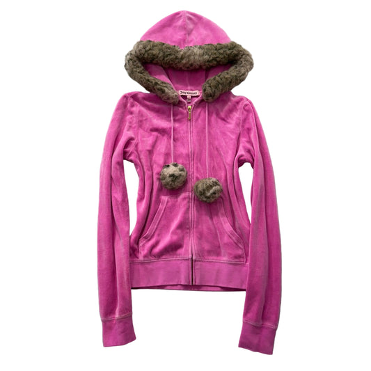 Juicy Couture Hot Pink Velour Zip-Up Hoodie Faux Fur Hood with Pom-Poms Size S