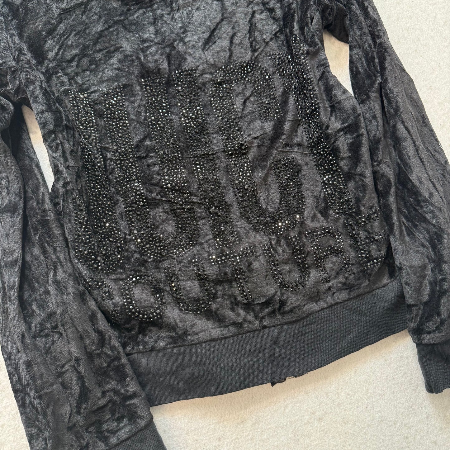 Juicy Couture Women's Jet Black Velour Zip Up Hoodie Rhinestones Logo Y2K Size M