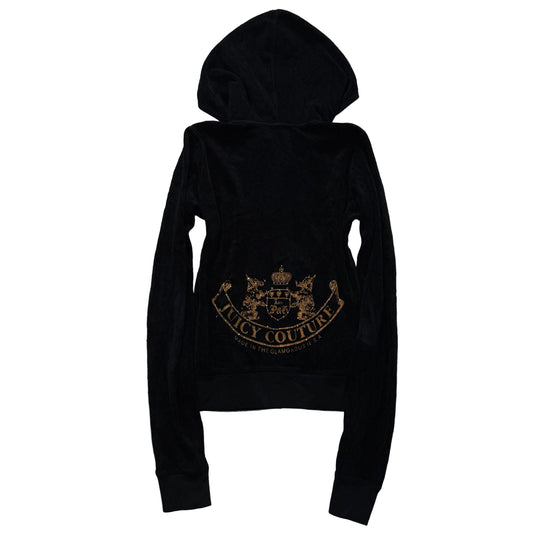 Vintage Juicy Couture Women's Black Velour Zip Up Hoodie Rhinestones Logo Size S