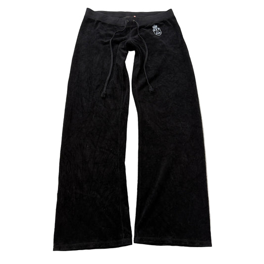 Vintage Juicy Couture Women's Black Velour Track Pant Wide Leg Drawstring Size L