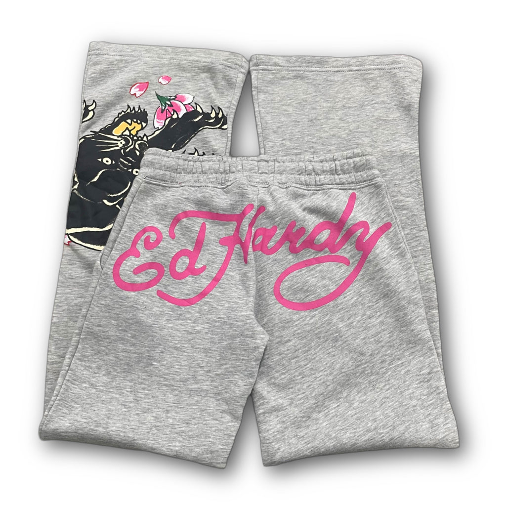 ED HARDY “Panther Rose” GREY FLARED PANTS