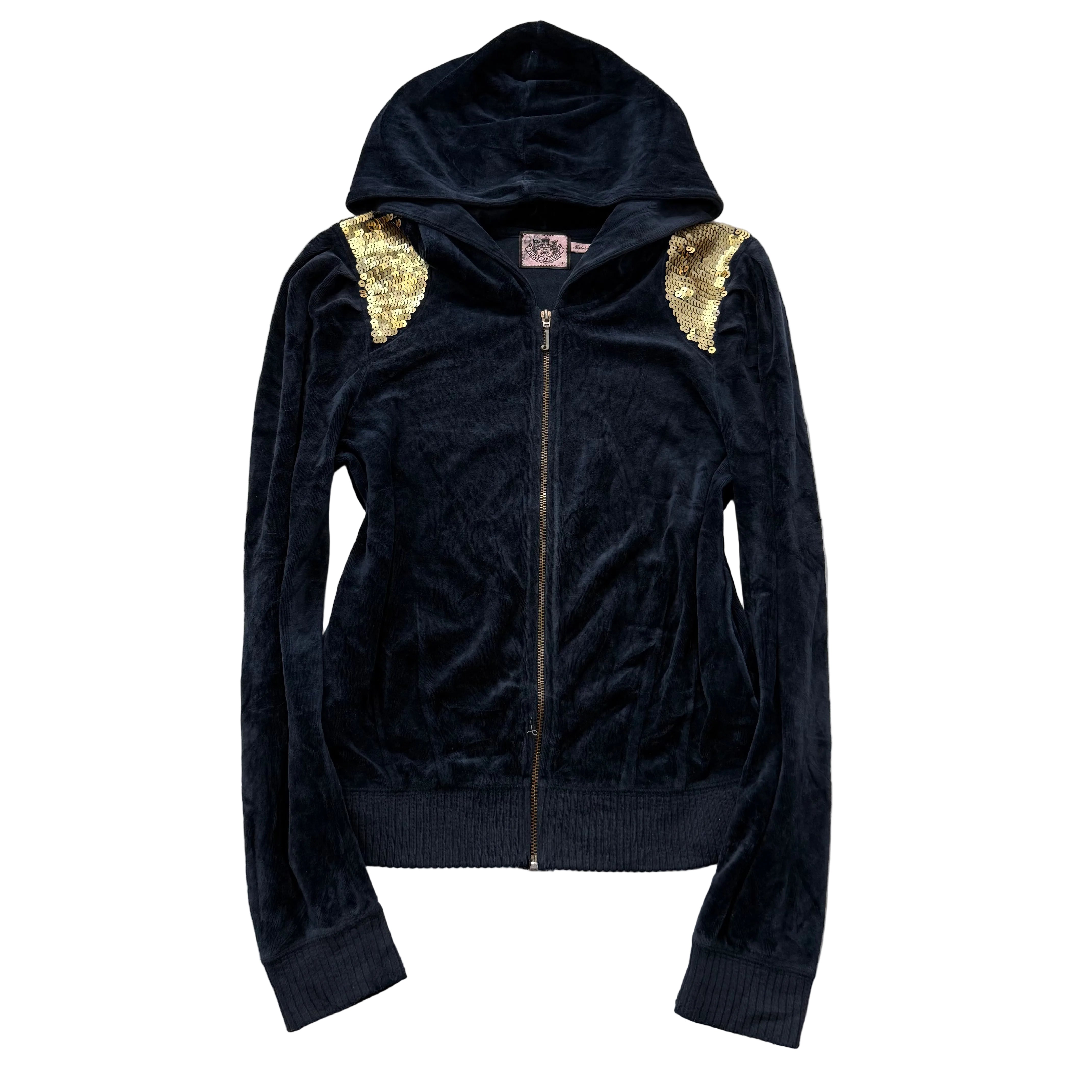 Juicy Couture Women's Navy Blue Velour Full Zip Hoodie Sequin Shoulders Size M