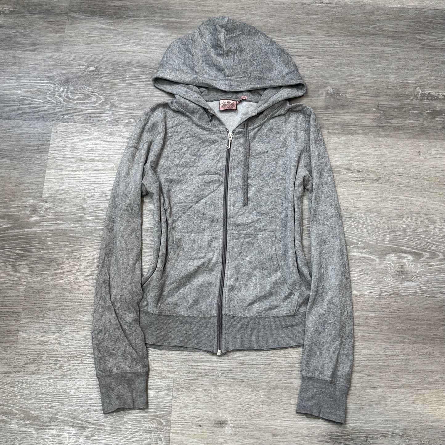 Vintage Juicy Couture Women's Gray Velour Zip-Up Hoodie Drawstring Pocket Size L