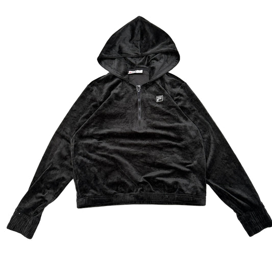FILA Women's Black Velour Quarter Zip Hoodie Loungewear Classic Logo Size S
