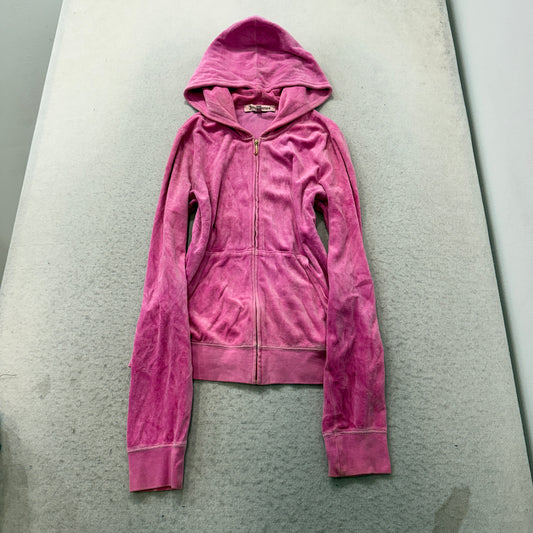 Juicy Couture Women's Pink Velour Zip-Up Hoodie Royal Crest Graphic Logo Size XL