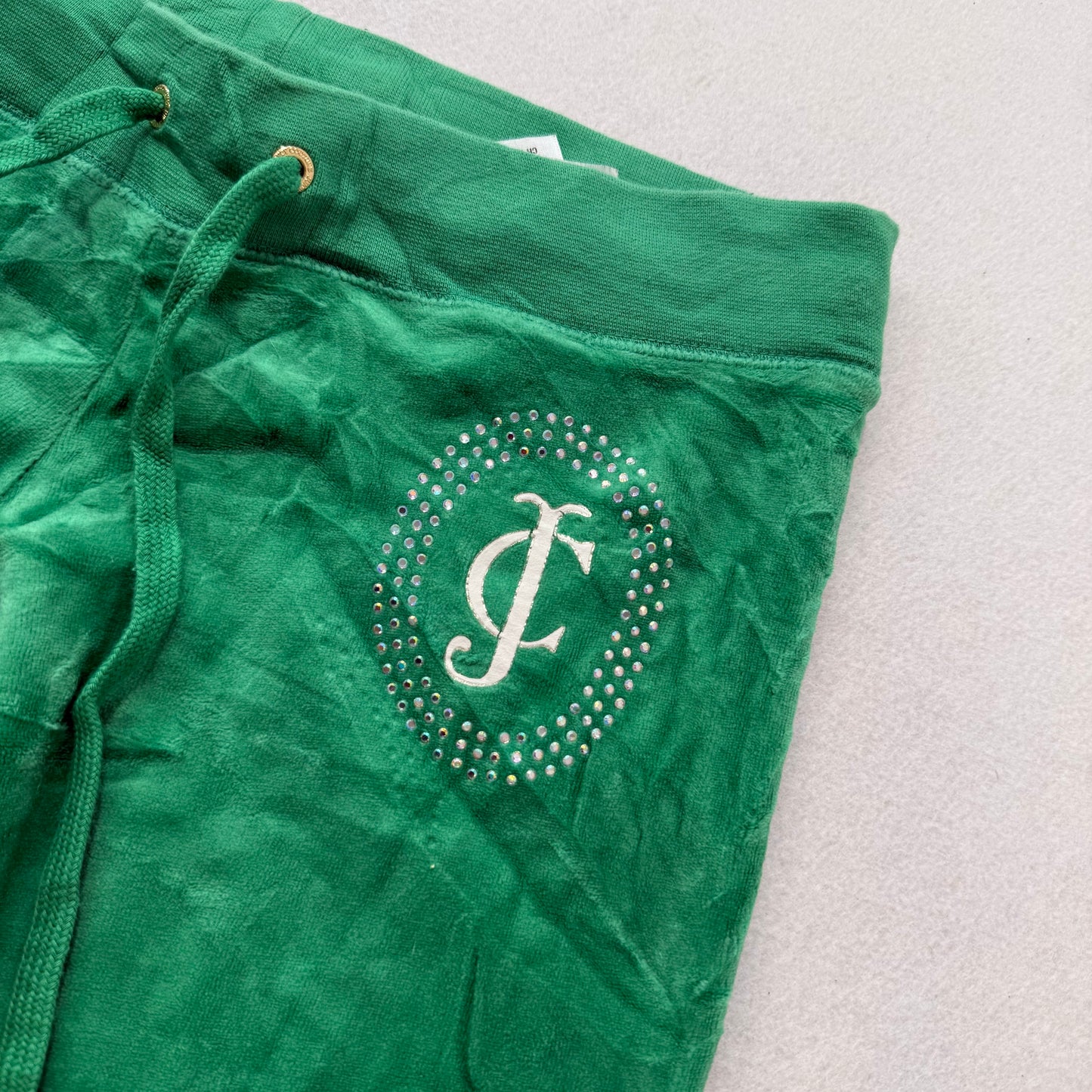 Juicy Couture Womens Kelly Green Velour Flare Track Pant Rhinestone Logo Size XS