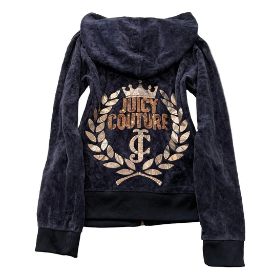 Juicy Couture Women's Charcoal Grey Velour Zip-Up Hoodie Sequin Logo Size L