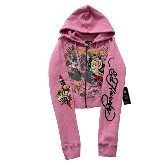 ED HARDY “Brave Eagle” PINK CROPPED ZIP UP HOODIE