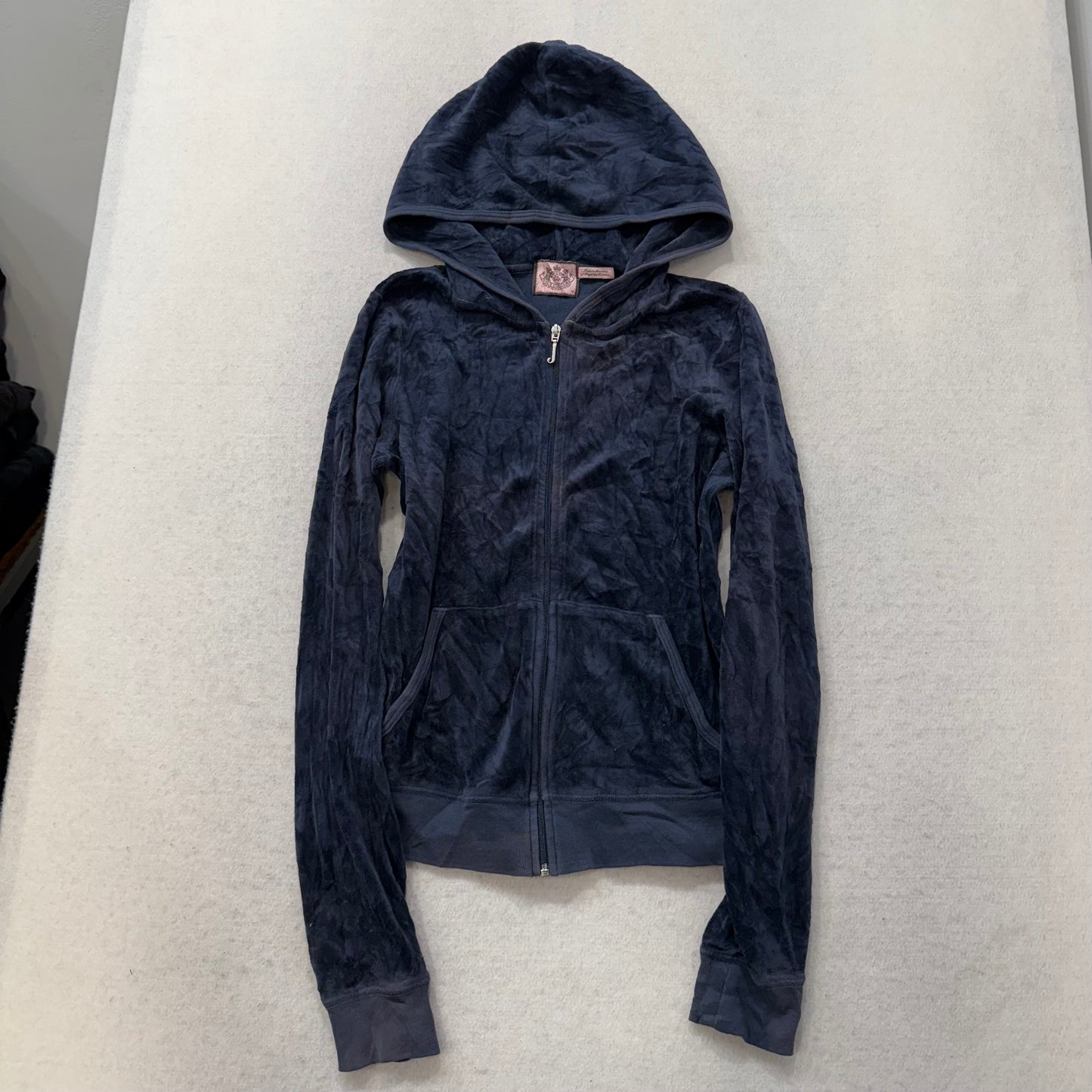 Juicy Couture “Scottie Dogs” Navy Velour Zip Up Hoodie Rhinestones Logo Size M